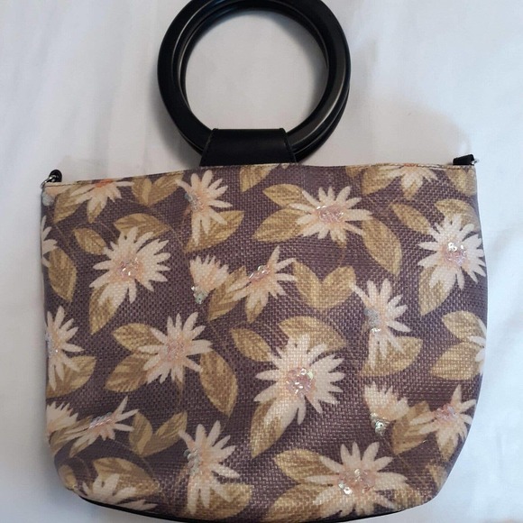 Bueno Brown Floral Handbag With Sequins in Flower Centers Round Wooden Handles - Picture 1 of 14